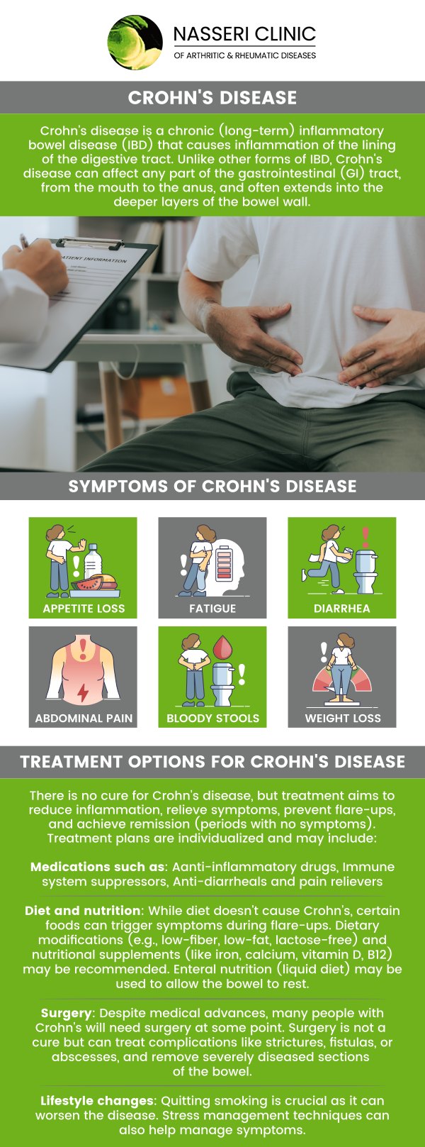 Crohn's disease is a chronic inflammatory condition of the gastrointestinal tract, manifesting in symptoms like severe diarrhea, abdominal pain, and weight loss. It can affect any part of the digestive system, and its severity varies among individuals. Dr. Nasser Nasseri, MD, and our team specialize in tailored treatments aimed at reducing inflammation, controlling symptoms, and achieving long-term remission, which may include medication, lifestyle adjustments, and surgery. For more information, contact us or request an appointment online. We serve patients from Catonsville MD, Glen Burnie MD, Columbia MD, North Baltimore MD, Rosedale MD, Edgewater MD. Crohn's disease is a chronic inflammatory condition of the gastrointestinal tract, manifesting in symptoms like severe diarrhea, abdominal pain, and weight loss. It can affect any part of the digestive system, and its severity varies among individuals. Dr. Nasser Nasseri, MD, and our team specialize in tailored treatments aimed at reducing inflammation, controlling symptoms, and achieving long-term remission, which may include medication, lifestyle adjustments, and surgery. For more information, contact us or request an appointment online. We serve patients from Catonsville MD, Glen Burnie MD, Columbia MD, North Baltimore MD, Rosedale MD, Edgewater MD.