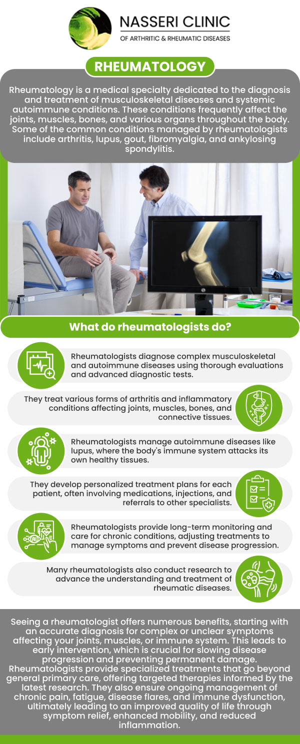 Seeing a rheumatologist is essential when experiencing symptoms related to autoimmune diseases, joint pain, or chronic inflammation. At Nasseri Clinic of Rheumatic and Arthritic Diseases, Dr. Nasseri, MD and his team can help diagnose complex conditions, manage symptoms, and improve long-term mobility and quality of life through personalized treatment plans. For more information, contact us or request an appointment online. We have convenient locations in Catonsville, Glen Burnie, Columbia, Rosedale, Edgewater, North Baltimore, MD. Seeing a rheumatologist is essential when experiencing symptoms related to autoimmune diseases, joint pain, or chronic inflammation. At Nasseri Clinic of Rheumatic and Arthritic Diseases, Dr. Nasseri, MD and his team can help diagnose complex conditions, manage symptoms, and improve long-term mobility and quality of life through personalized treatment plans. For more information, contact us or request an appointment online. We have convenient locations in Catonsville, Glen Burnie, Columbia, Rosedale, Edgewater, North Baltimore, MD.