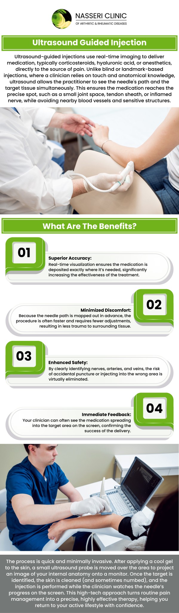 Dr. Nasser Nasseri, MD addresses symptoms like sharp joint pain, restricted mobility, and localized swelling. Using precision guidance, he targets the exact source of your distress, ensuring rapid relief from the persistent "locking" or "grinding" sensations in your joints. For more information, contact us or book an appointment online. We are conveniently located at 3333 N. Calvert St, Suite 540B, Baltimore, MD 21218.
