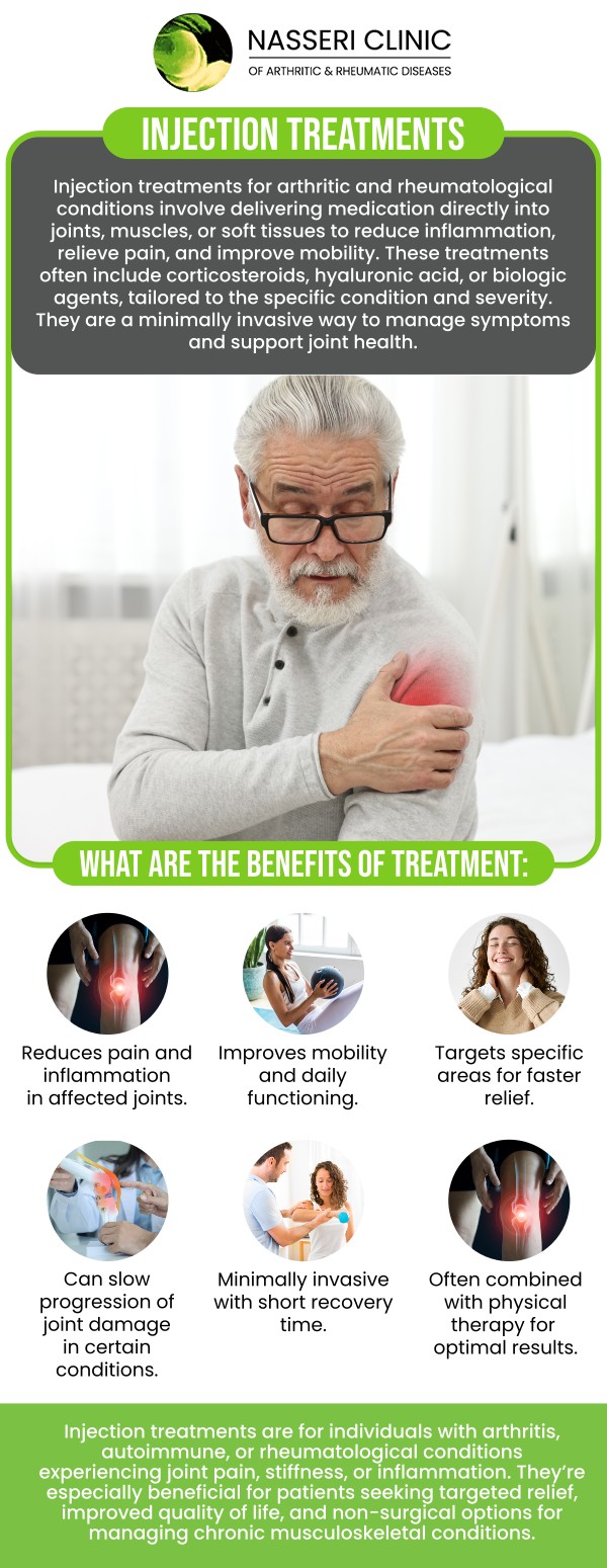 Injection treatments include administering drugs intravenously or directly into the parts of the patient's body where they experience chronic pain. Numerous injectable treatments are available at Nasseri Clinic to treat various conditions, including irritated nerves, muscles, and joints. For more information, contact us or request an appointment online. We serve patients from Catonsville MD, Glen Burnie MD, Columbia MD, North Baltimore MD, Rosedale MD, Edgewater MD, Hebbville MD, Woodlawn MD, Pasadena MD, Jacobsville MD, Ellicott City MD, Laurel MD, Dundalk MD, Halethorpe MD, Overlea MD, Parkville MD, Riva MD, Annapolis MD, Ferndale MD, and surrounding areas.