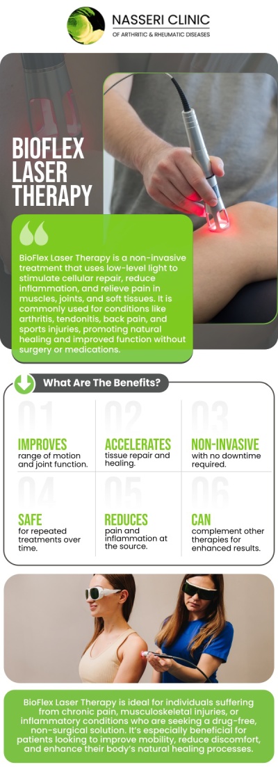 In order to modify or affect the immune system, infusion treatment entails injecting drugs straight into the circulation. It might provide your body with an organic energy boost. To optimize performance and attention, Dr. Nasseri, MD can assist you in replenishing your fluids and nutritional intake! Infusion therapy is available at the Nasseri Clinic of Arthritic and Rheumatic Diseases. For more information, contact us or request an appointment online. We have convenient locations to serve you in Catonsville, Glen Burnie, Columbia, North Baltimore, Rosedale, and Edgewater, MD. Diabetes lesions, surgical wounds, skin ulcers, and any other stubborn wounds have been shown to heal quicker when treated with BioFlex Laser Therapy. BioFlex laser therapy is available at the Nasseri Clinic of Arthritic and Rheumatic Diseases. For more information, contact us or book an appointment online. We are conveniently located at 700 Geipe Rd, Suite 200B, Catonsville, MD 21228.