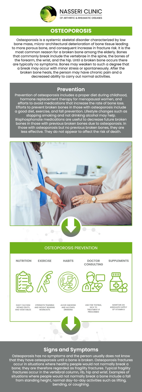 Proactively addressing bone density loss is essential for preserving physical independence and avoiding life-altering skeletal fractures as we age. At Nasseri Clinic, the medical approach to osteoporosis combines early diagnostic screenings with state-of-the-art preventative and therapeutic strategies. Led by Dr. Nasser Nasseri, MD, a highly regarded, board-certified rheumatologist, the clinic provides the targeted intervention necessary to manage progressive bone thinning. For more information, contact us or book an appointment online. We are conveniently located at 5500 Knoll North Dr, Suite 250B, Columbia, MD 21045.