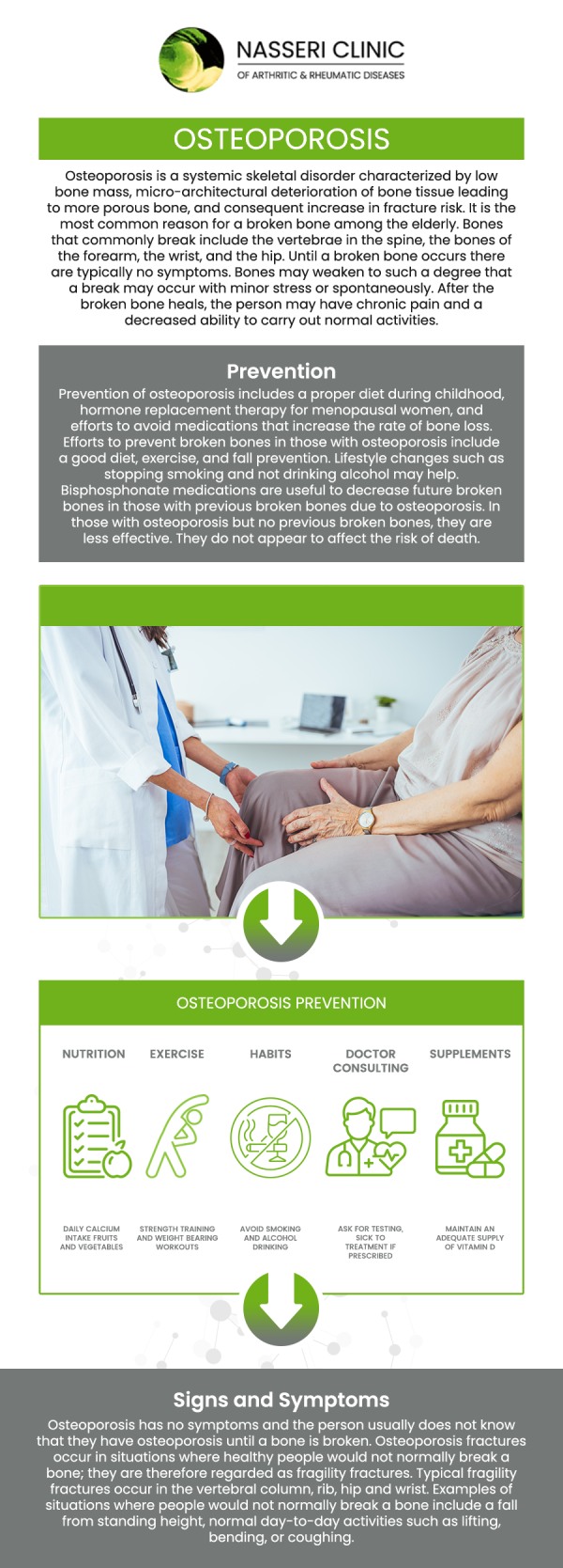 Osteoporosis is a severe condition that affects the density and quality of bone, making it fragile and prone to fractures. However, with the right measures - measures we're expertly equipped to provide at Nasseri Clinic of Arthritic and Rheumatic Diseases - it can be effectively detected, prevented, and managed. Visit Dr. Nasseri, MD, and his experienced team to manage your symptoms. For more information, contact us or book an appointment online. We are conveniently located at 700 Geipe Rd, Suite 200B, Catonsville, MD 21228.