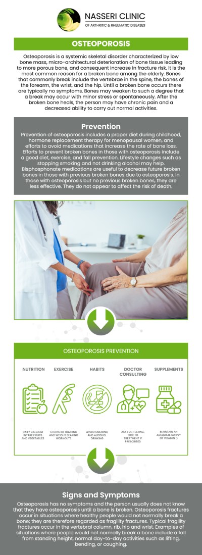 Proactively addressing bone density loss is essential for preserving physical independence and avoiding life-altering skeletal fractures as we age. At Nasseri Clinic, the medical approach to osteoporosis combines early diagnostic screenings with state-of-the-art preventative and therapeutic strategies. Led by Dr. Nasser Nasseri, MD, a highly regarded, board-certified rheumatologist, the clinic provides the targeted intervention necessary to manage progressive bone thinning. For more information, contact us or book an appointment online. We are conveniently located at 5500 Knoll North Dr, Suite 250B, Columbia, MD 21045.