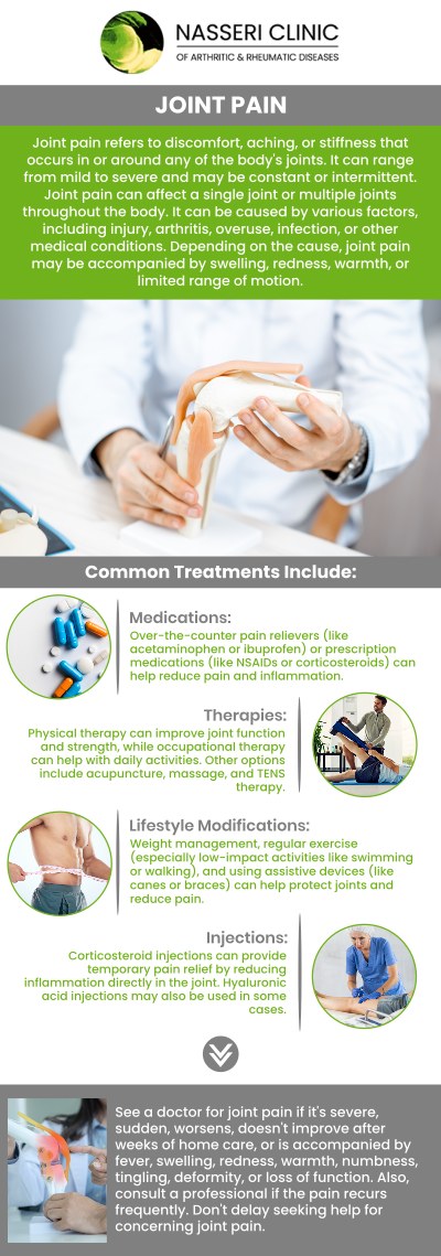Finding effective joint pain treatment in North Baltimore, MD begins with exploring comprehensive care options tailored to your specific condition, whether caused by osteoarthritis, rheumatoid conditions, or soft tissue injuries. Under the care of Dr. Nasser Nasseri, MD, at the Nasseri Clinic of Arthritic & Rheumatic Diseases, patients have access to advanced conservative therapies, disease-modifying medications, and targeted ultrasound-guided injections designed to alleviate inflammation and restore joint mobility. For more information, contact us or book an appointment online. We are conveniently located at 3333 N. Calvert St, Suite 540B, Baltimore, MD 21218. Finding effective joint pain treatment in North Baltimore, MD begins with exploring comprehensive care options tailored to your specific condition, whether caused by osteoarthritis, rheumatoid conditions, or soft tissue injuries. Under the care of Dr. Nasser Nasseri, MD, at the Nasseri Clinic of Arthritic & Rheumatic Diseases, patients have access to advanced conservative therapies, disease-modifying medications, and targeted ultrasound-guided injections designed to alleviate inflammation and restore joint mobility. For more information, contact us or book an appointment online. We are conveniently located at 3333 N. Calvert St, Suite 540B, Baltimore, MD 21218.